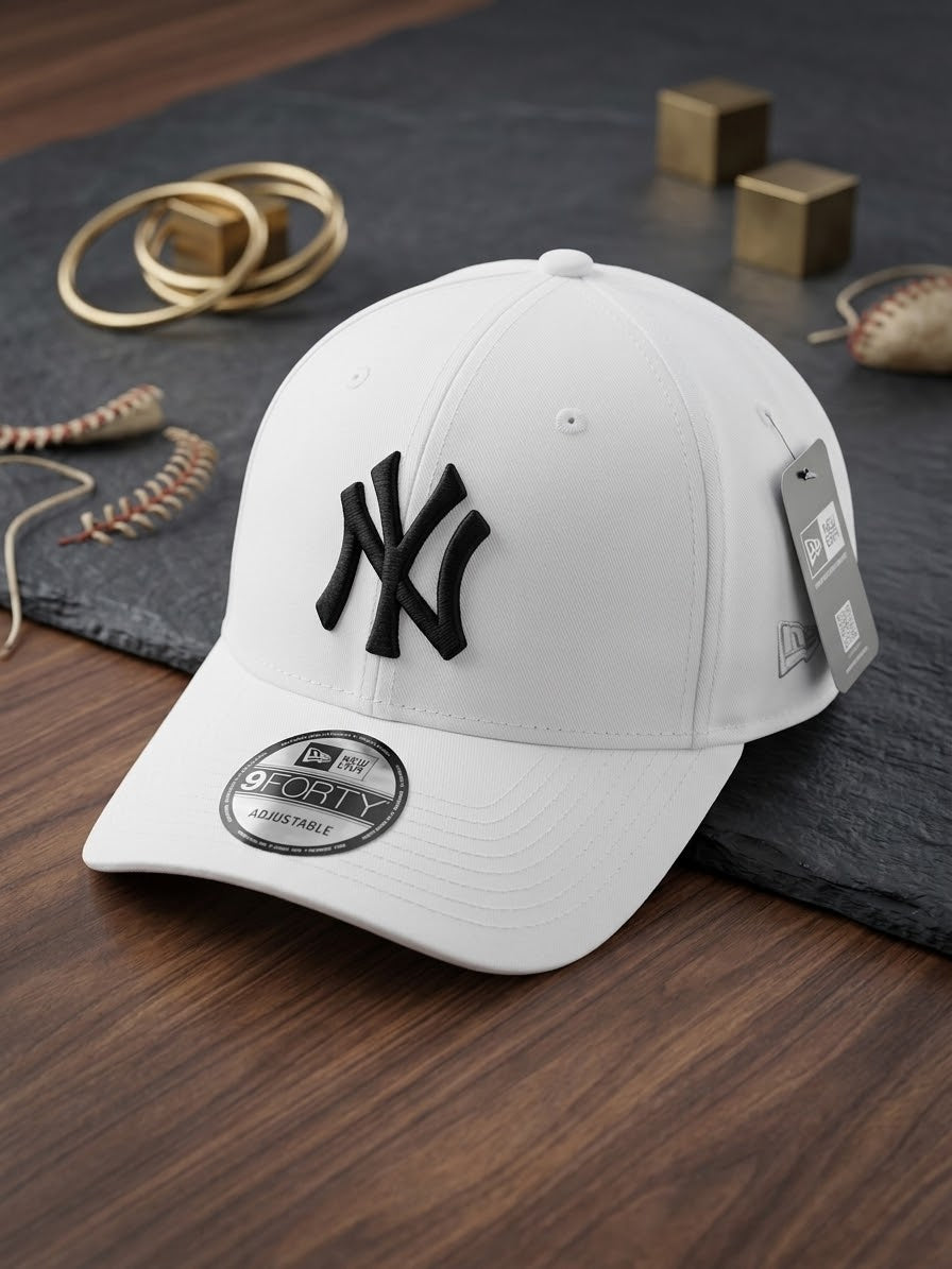 NY White Black Embroidered Imported Cap – New Era 9FORTY