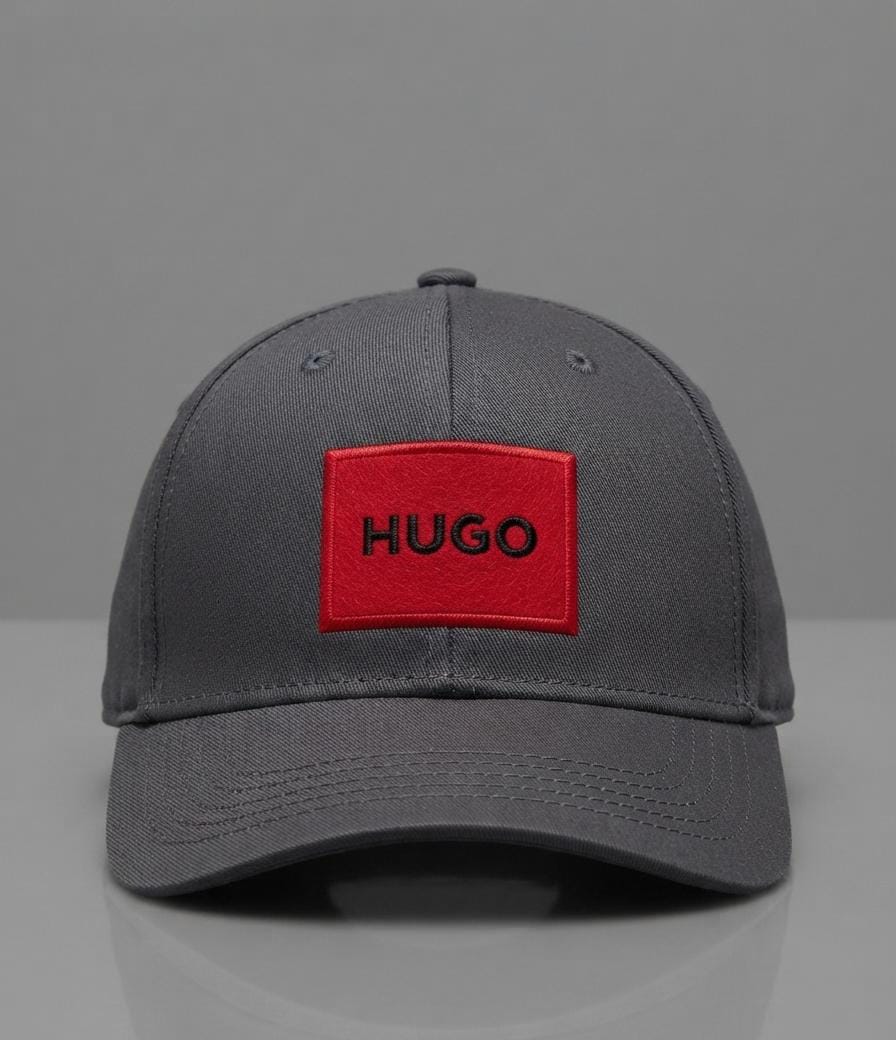HUGO Grey Cotton Baseball Cap with Red Logo Patch