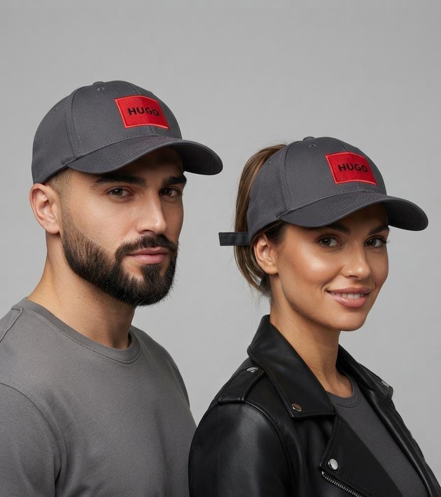HUGO Grey Cotton Baseball Cap with Red Logo Patch