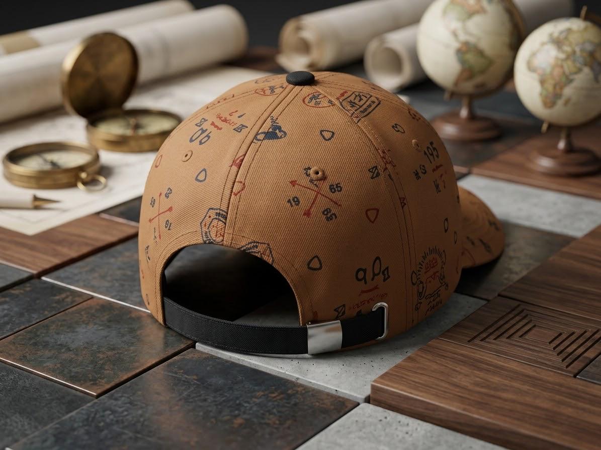Premium Lacoste Tan & Black Printed Baseball Cap | Leather Logo Patch Casual Headwear