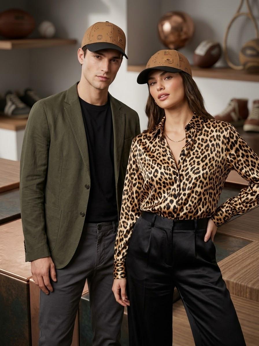 Premium Lacoste Tan & Black Printed Baseball Cap | Leather Logo Patch Casual Headwear