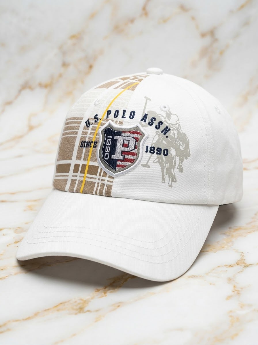 U.S. Polo Assn. Style White & Beige Plaid Panel Baseball Cap